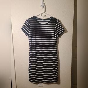 A striped, black and white, bodycon dress